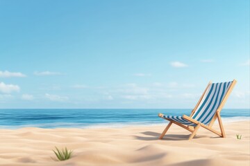 Beach chair on sand by the ocean under blue sky for relaxation and vacation themes, travel posters, and summer promotions.