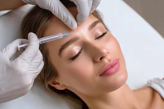 A woman getting Botox injected by an aesthetician in the beauty salon, with a focus on her face and