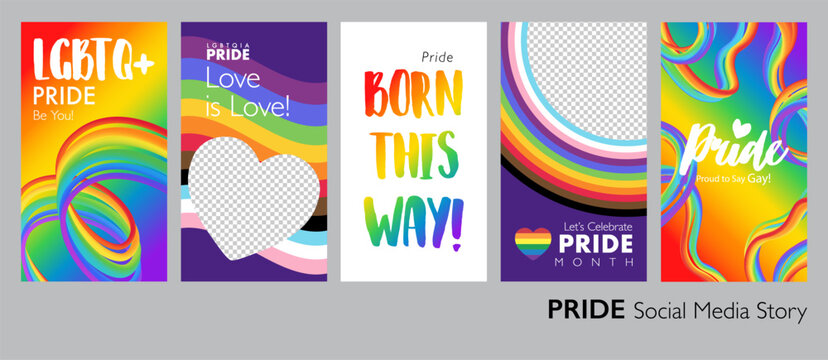 Colorful happy PRIDE month cover page set with abstract 3D progress pride rainbow for or prints, web ads and social event story. Vector illustration for Pride.