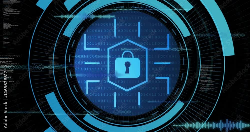 Poster blue padlock icon floating inside hexagon, streaming binary code rotating, animated flat design