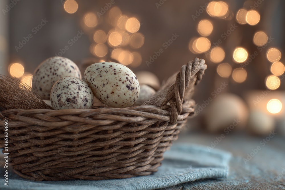 Poster Warm Light Illuminates a Wicker Basket Filled With Speckled Eggs Against a Cozy Backdrop Generative AI