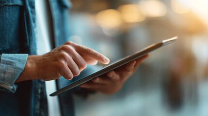 Close-up of a person's hands using a tablet with the focus on the touch screen action.