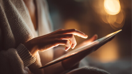 A person's hands gently interact with a tablet's illuminated screen in a dim, cozy setting.