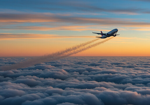 Airplane takes off over clouds at sunset with contrails. Airplane ascends into the sky above a sea of clouds during a vibrant sunset leaving behind a trail of contrails