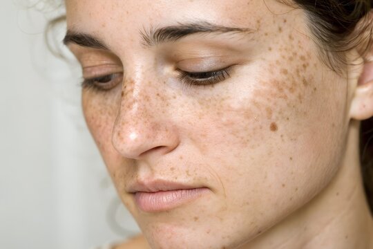 Close-up of a woman's face with hyperpigmentation spots, natural lighting, photorealistic