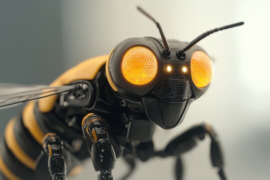 A highly detailed robotic bee with glowing eyes and metallic features, blending advanced technology with insect design.