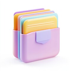 Colorful files organized in a square plastic folder.