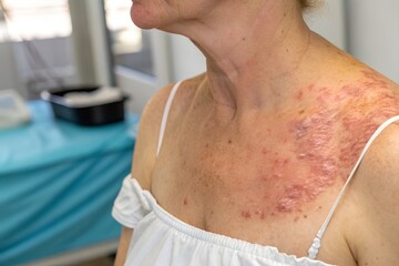 Fototapeta premium Close-up of radiation skin damage on breast area post-therapy, medical context, high realism