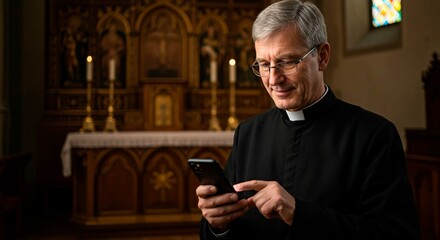 Priest using smartphone in church with altar candles and stained glass window in the background view