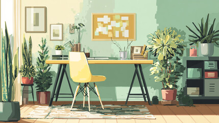 Fototapeta premium A bright and inviting home office space filled with plants, sunlight, and a cozy chair setting.