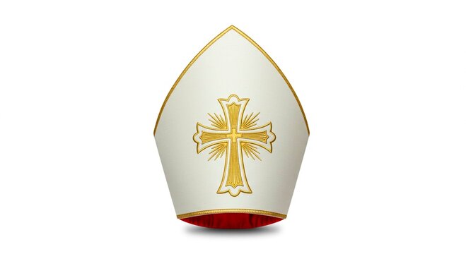 A mitre with a golden cross and rays on a white background isolated in studio lighting showing details
