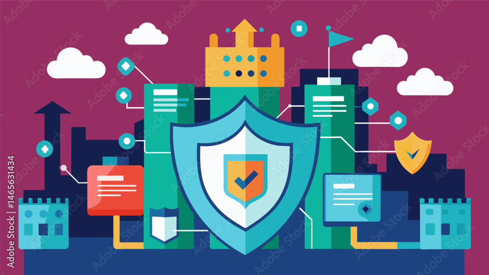 Poster a digital fortress safeguarding confidential information within a secure network.. vector illustrati