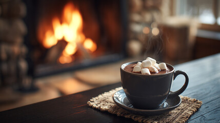 A steaming mug of hot chocolate with marshmallows in front of a cozy fireplace.