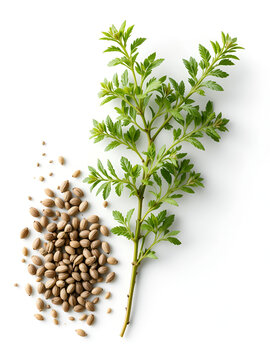 Marjoram plant and seeds isolated on white. Origanum majorana, Majorana hortensis Moench, Majorana majorana cold-sensitive perennial herb or undershrub with sweet pine and citrus flavors. Digital art.