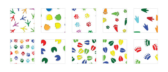 bundle colorful seamless pattern with elephant, fox, wolf, rabbit, sheep, camel, hen, bear and giraffe footprint. animal footprint pattern collection