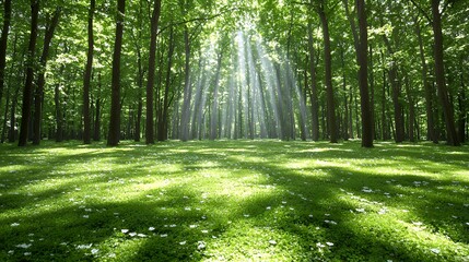 Sunlight Streaming Through Forest Trees in a Verdant Meadow
