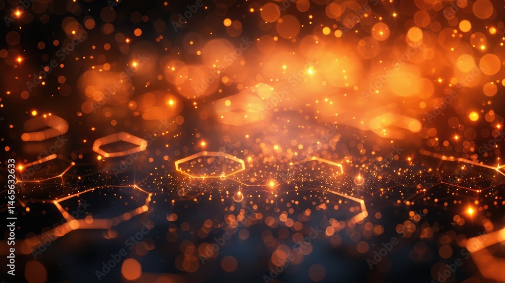Aufkleber abstract art of orange and gold hexagonal grid with glowing particles. digital artwork of yellow gli