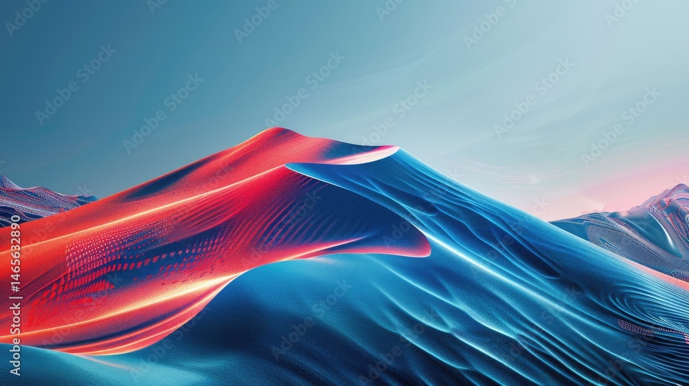 Poster swirling picture of red ray and blue light sparkling particles scattered across a space background, 