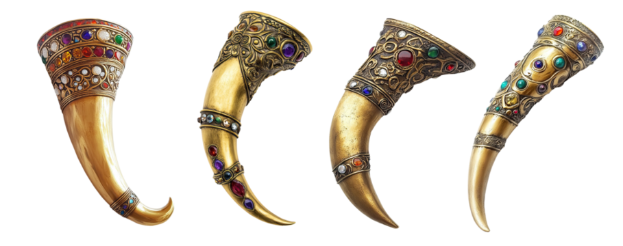 Dwarven forged golden drinking horn with gemstone accents