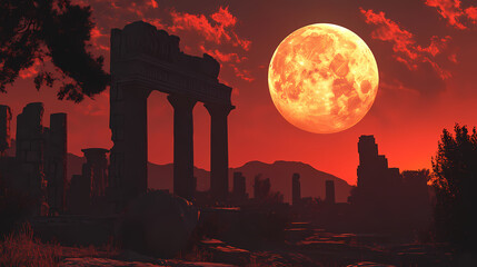 A stunning sunset over ancient ruins with a large moon rising in the background. [Celestial Ruins] | Nebula Ashes | dying light. Illustration