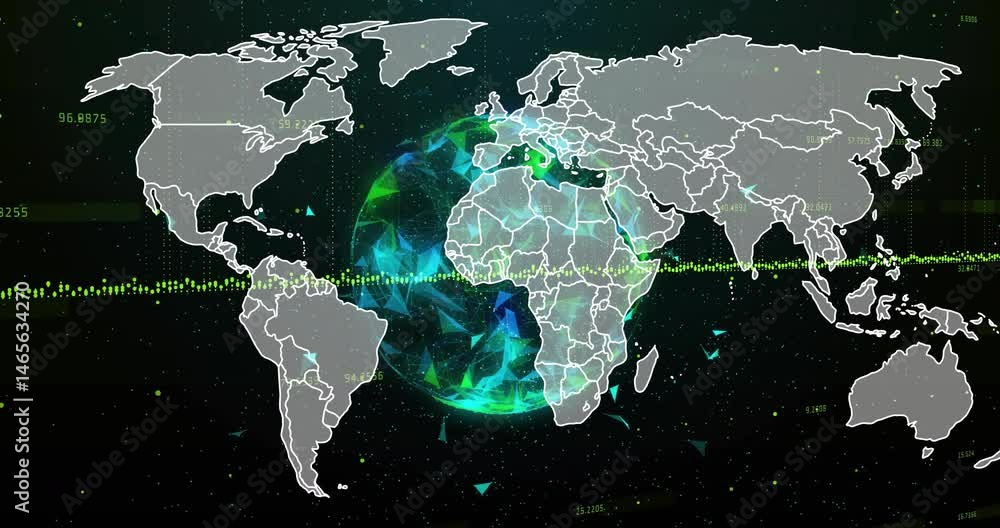 Poster glowing network globe being visualized in 3d render, displaying mesh and floating data points