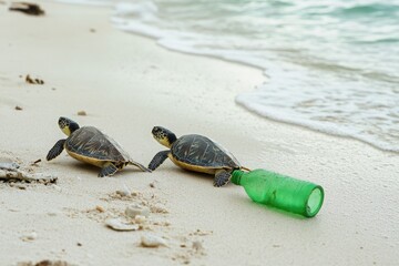Obraz premium Two turtles with a bottle on the beach on a white background