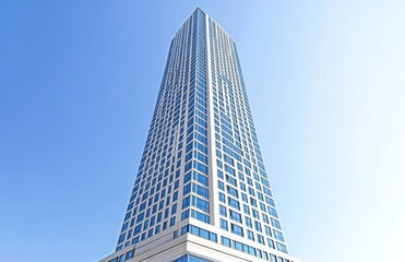 Obraz premium Modern skyscraper against a clear blue sky. Low angle, emphasizing height and architectural details. Exterior features numerous windows, showcasing a contemporary design