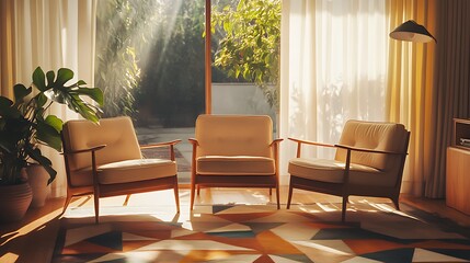 Sunlight streams into a room furnished with mid-century armchairs.
