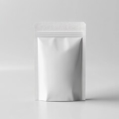 Blank silver metallic resealable pouch standing upright on plain background suitable for packaging food supplement organic product or cosmetic item display