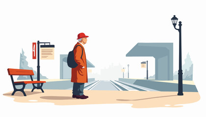 Elderly man waiting at train station, moment of anticipation