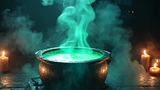Mystical green smoke rises from bubbling cauldron surrounded by candlelight