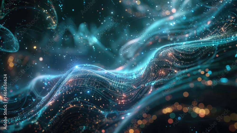 Poster abstract art of digital network with glowing nodes and colorful lights. digital artwork of glowing n