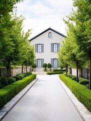 Obraz premium Elegant Villa and Landscaped Gardens - Luxury home, manicured gardens, serene landscape, tranquil driveway, architectural design. Symbolizing peace, elegance, wealth, sophistication, and nature