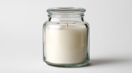 A beautiful, white candle in a clear glass jar with a lid, isolated on a white backdrop.