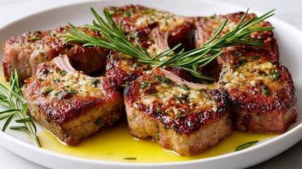 Grilled Lamb Chops With Garlic and Rosemary on a White Plate