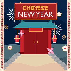 Temple and fireworks scene. Vector