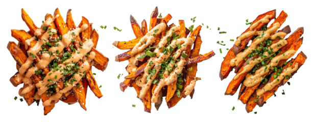 Loaded sweet potato fries with sriracha mayo