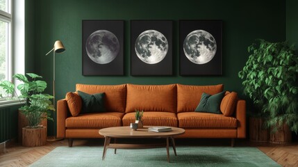 Dark green walls, a white wooden floor, a brown sofa, a lamp, and a coffee table come together to create a stylish living room