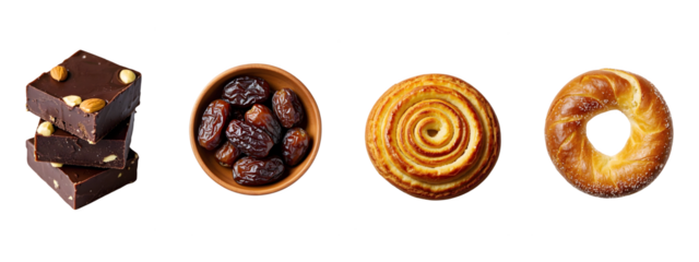 Assorted desserts set with chocolate fudge, dates in wooden bowl, twisted sugar sprinkle bagel, and spiral-shaped puff pastry, isolated on png background