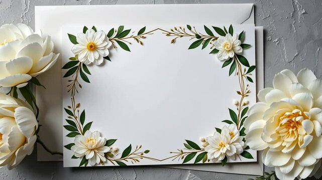 Elegant floral frame on white card with white roses and gray textured background for invitation