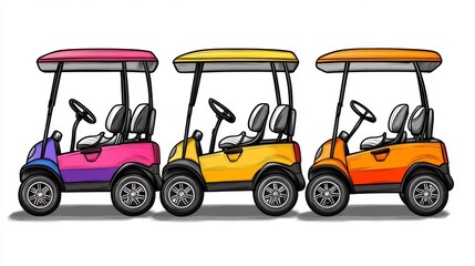 A golf cart is utilized for navigating the course during both training sessions and tournaments, serving as an open electric vehicle for transporting golfers, as depicted in a modern cartoon