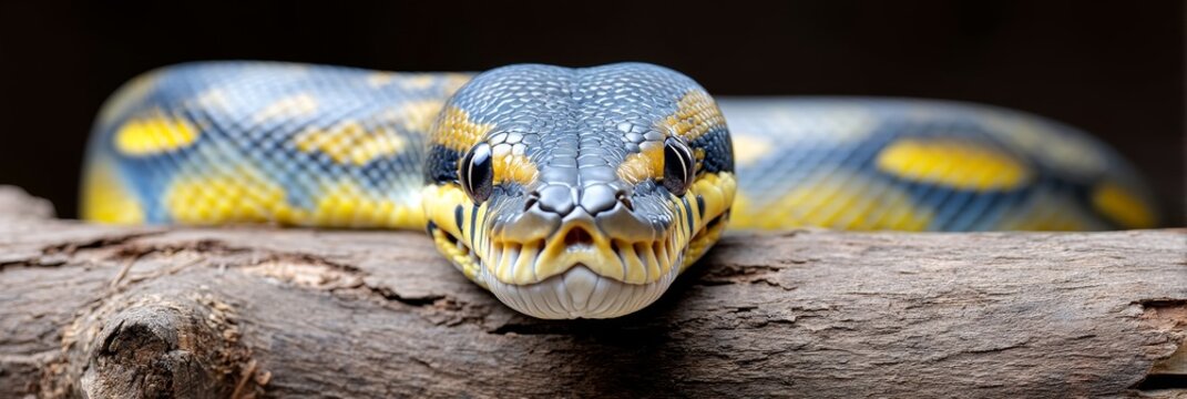 Stunning Blue-Yellow Python on Wood - Close-up of a beautiful blue and yellow python resting on a grey wood branch. Its scales are detailed, and its expression is captivating