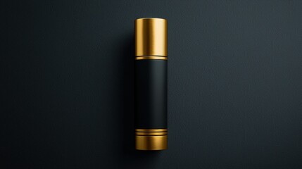 Close-up of a sleek modern cylindrical container with black and gold accents set against a dark textured background, minimalistic elegant design for luxury products