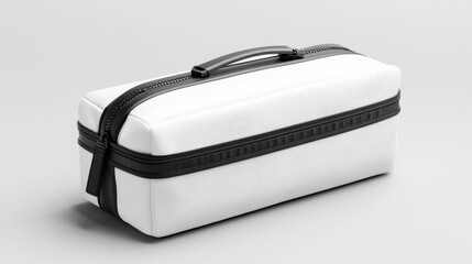 This white cosmetic bag with a zipper, represented as a modern realistic mockup of a blank fabric pouch with a zip, serves as a storage solution for makeup, beauty tools, and an assortment of