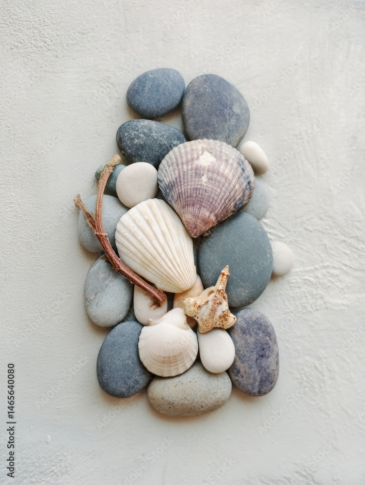 Poster Beach Pebble Arrangement Featuring Assorted Seashells and Smooth Stones on a Textured Background Generative AI