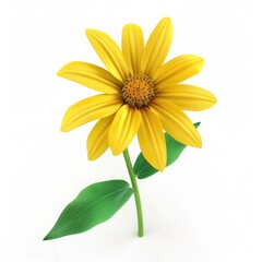 Vibrant yellow flower with green leaves, isolated against white.
