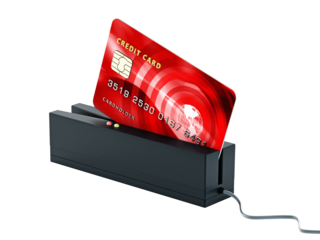 Red credit card on POS terminal on transparent background. 3D illustration