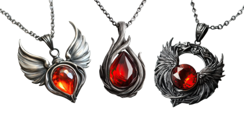 Phoenix ash-rebirth pendant with glowing red gem on white
