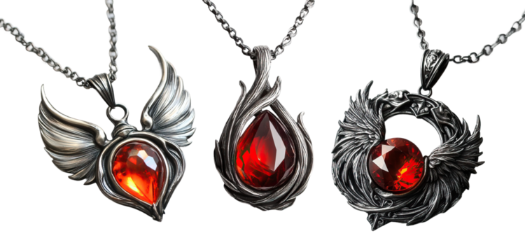 Phoenix ash-rebirth pendant with glowing red gem on white