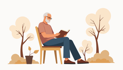 Elderly man reading peacefully in outdoor garden, tranquility